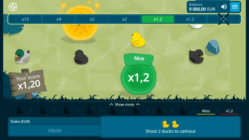 Exploding Ducks - tiro fortunato con moltiplicatore x1.2